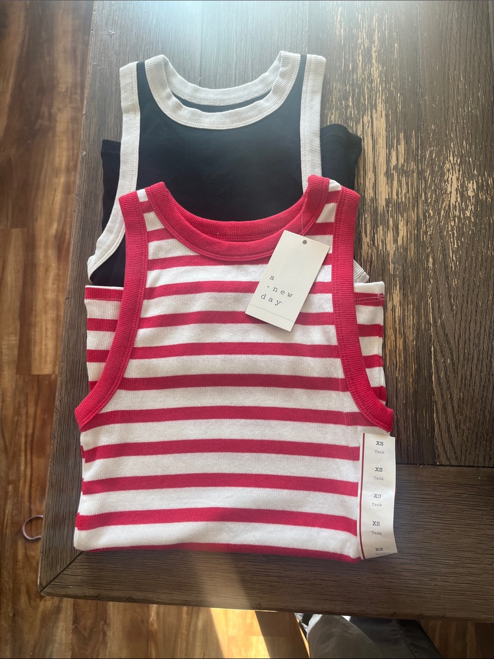 a new day Red & White Striped Tank Top with Black white neck